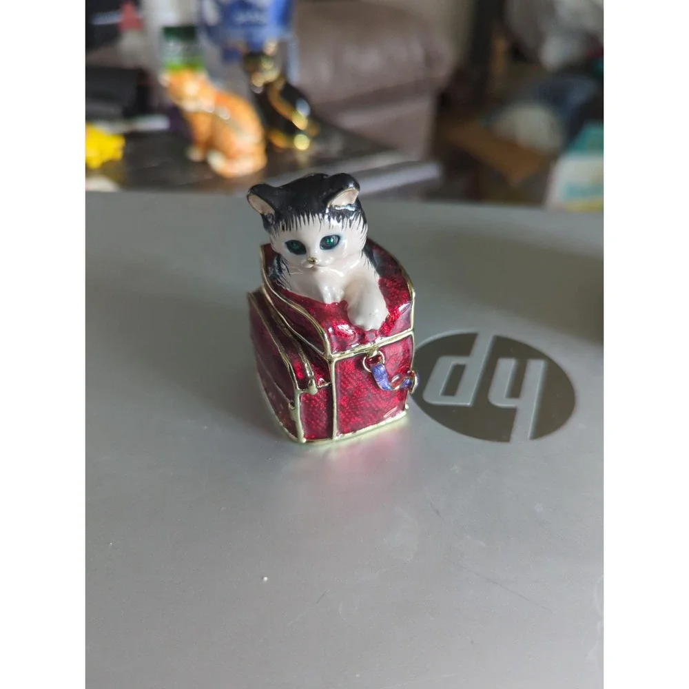 Tuxedo Cat Kitten in Luggage Trinket Box Enameled with Jewel Green Eyes
